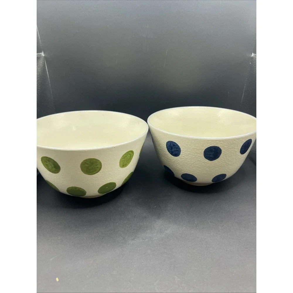 2pc Set World Market Ceramic Noodle Bowl Polka Dot Blue & Green